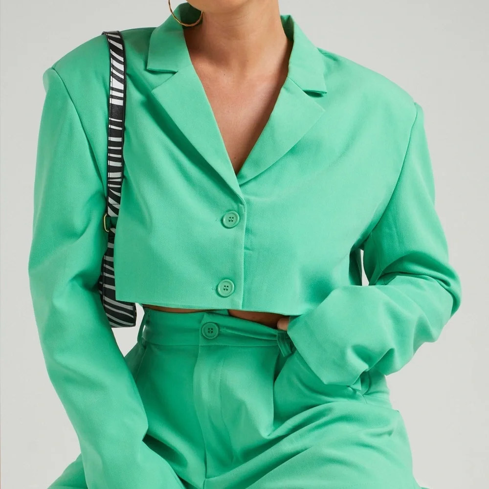 WeWoreWhat Danielle Bernstein S Green Stretch Herringbone Twill Cropped Blazer - Picture 2 of 13